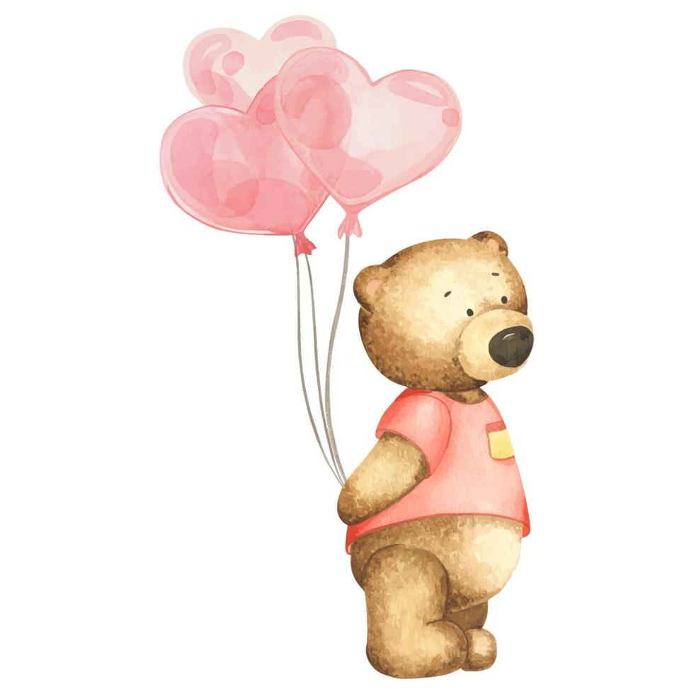 Cute little bear boy with red heart air balloons. Watercolor illustration isolated on white background. can be used for kid posters, cards or baby shower vector