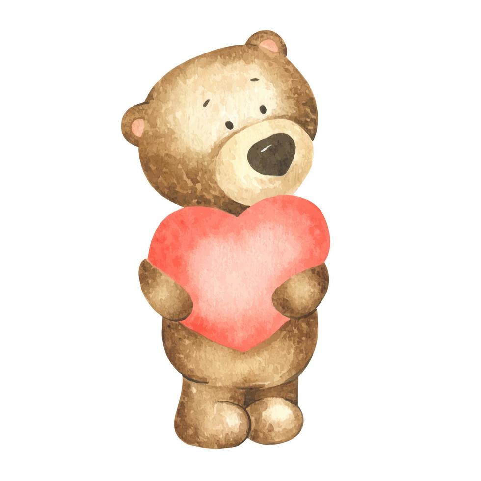 Cute little brown bear holding a red heart. Watercolor illustration isolated on white background. can be used for kid posters, cards or baby shower vector