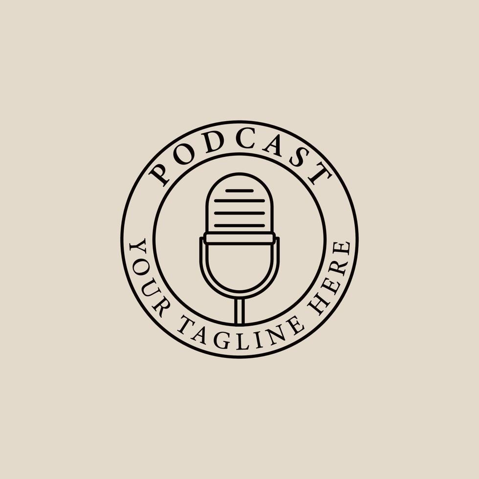 logotipo, icono y símbolo de arte de línea de micrófono antiguo de podcast, con diseño de ilustración de vector de emblema