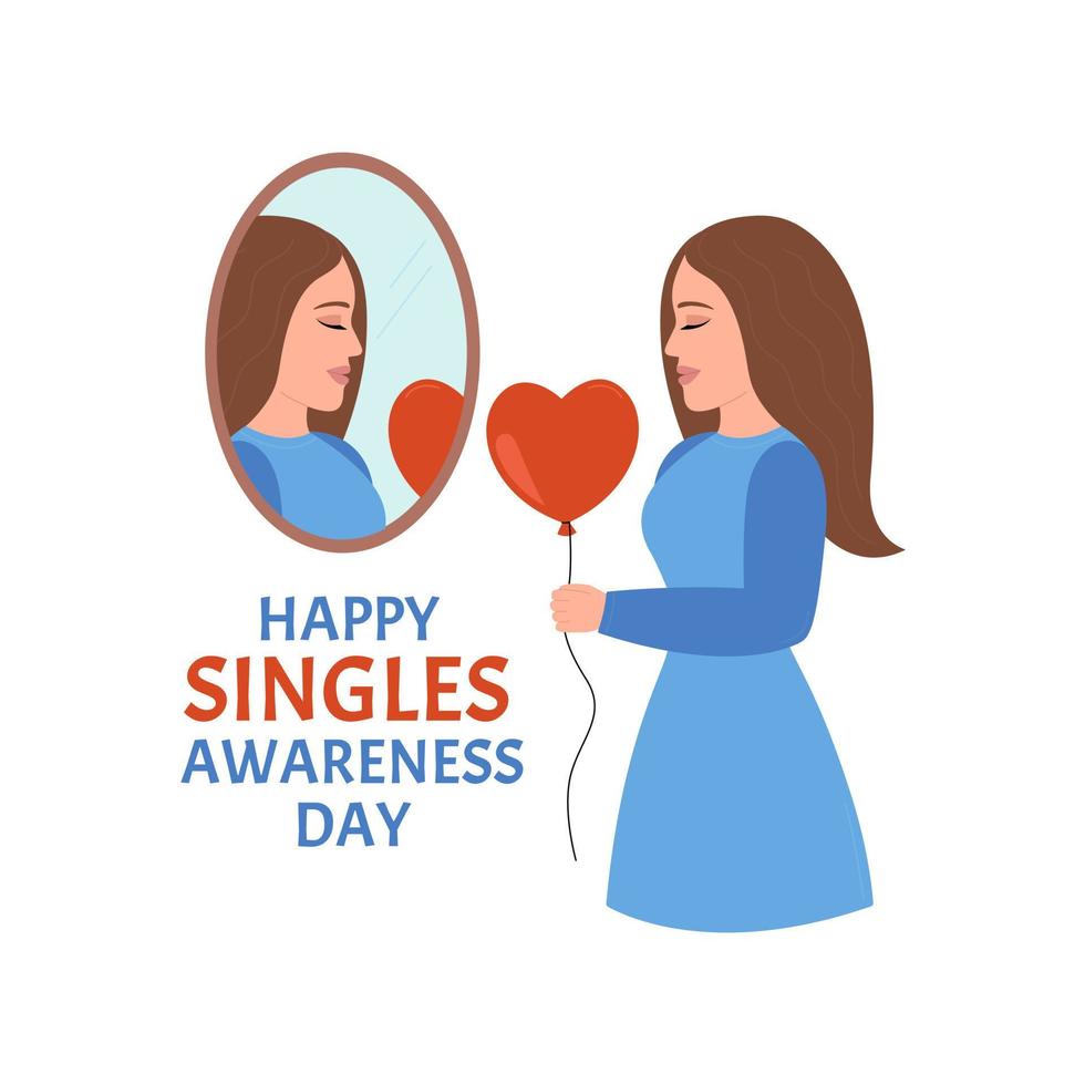 Happy Singles Awareness Day concept. Lonely girl holds out a heart balloon to her reflection in the mirror. February holiday vector illustration