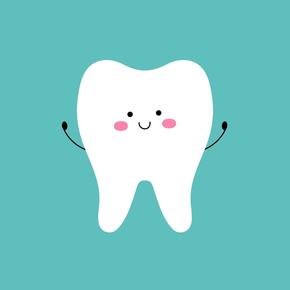 Cute tooth character with smiling face and hands. Funny, happy cartoon mascot. Vector flat illustration