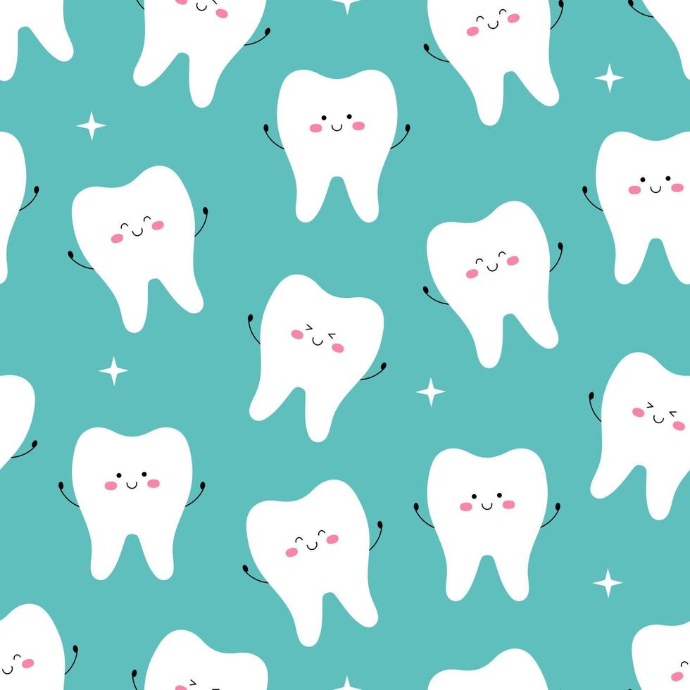 Seamless pattern with cute tooth characters with face with different emotions and hands. Vector flat illustration