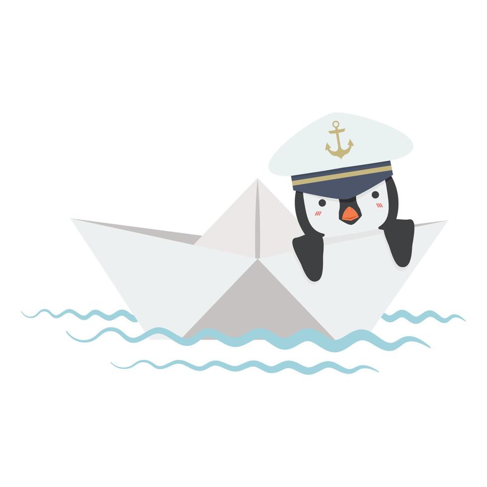 marinero pinguino en barco de papel vector