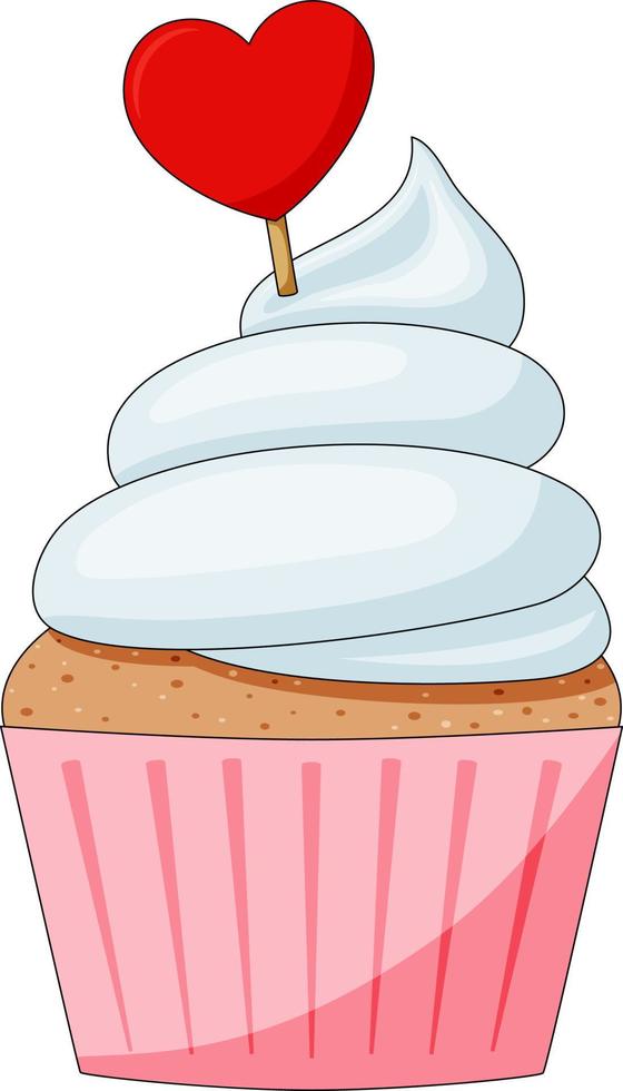 Sweet cupcake with wiped cream and red heart vector