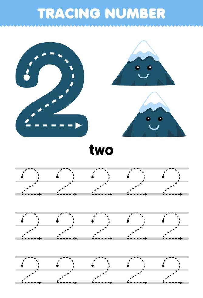 Education game for children tracing number two with cute cartoon mountain picture printable nature worksheet vector