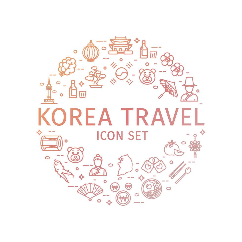 Korea Travel and Tourism Round Design Template Thin Line Icon Concept. Vector