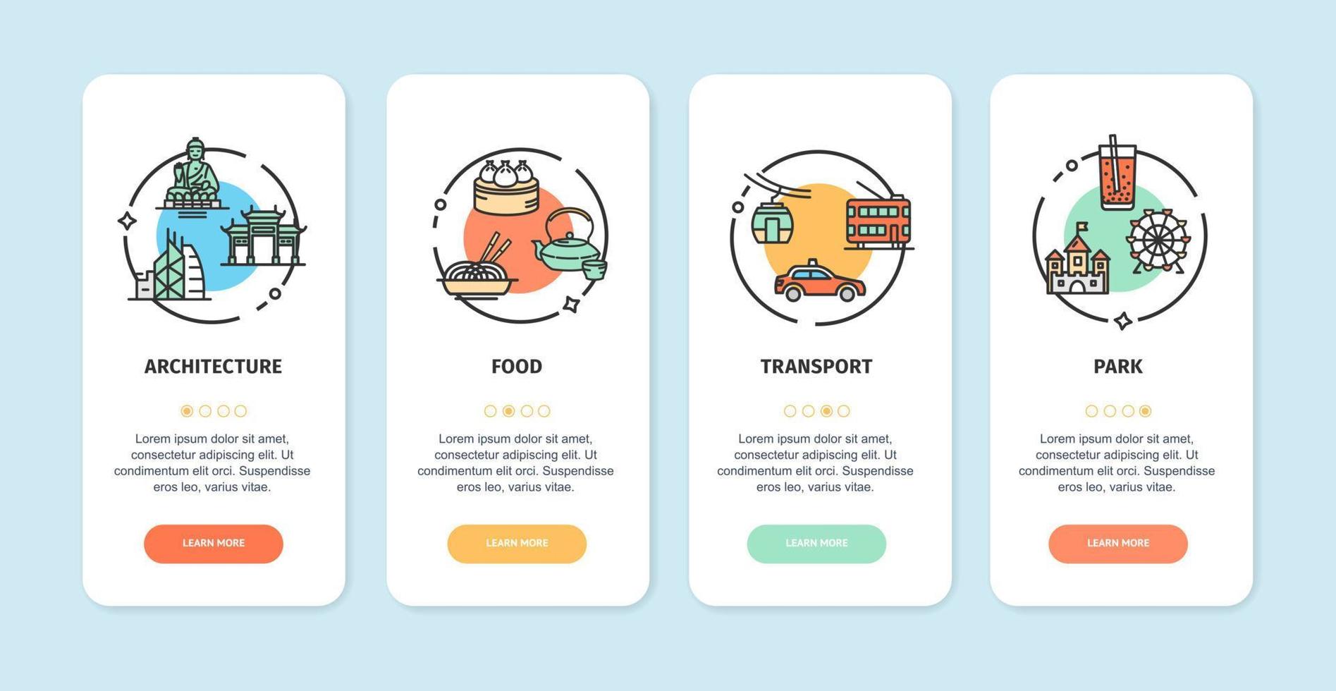 Hong Kong Travel and Tourism App Screens Cards Set. Vector