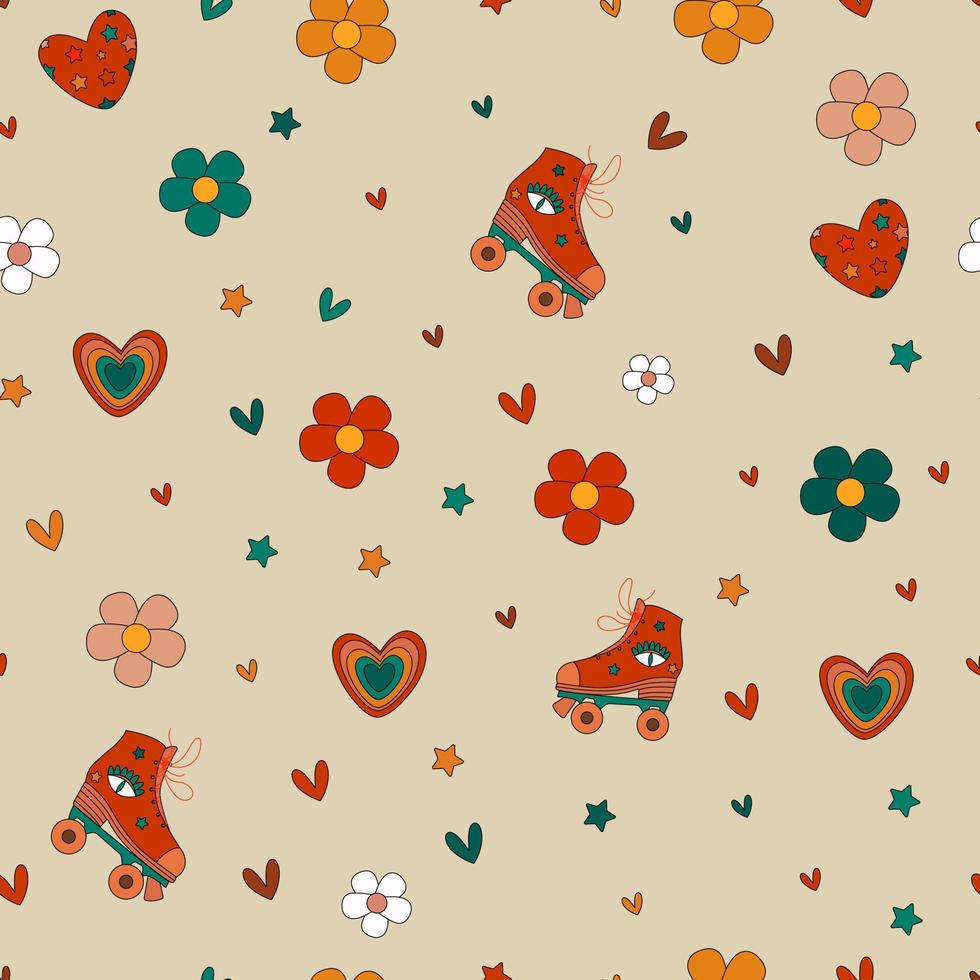 Vector seamless pattern retro 1970s psychedelic groove elements background with roller skates glasses
