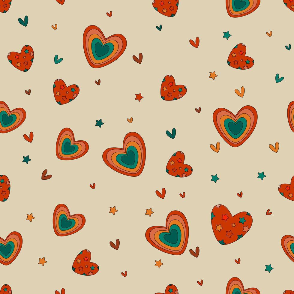 Vector seamless pattern retro 70s hippie psychedelic groove elements background with colorful heart in vintage style