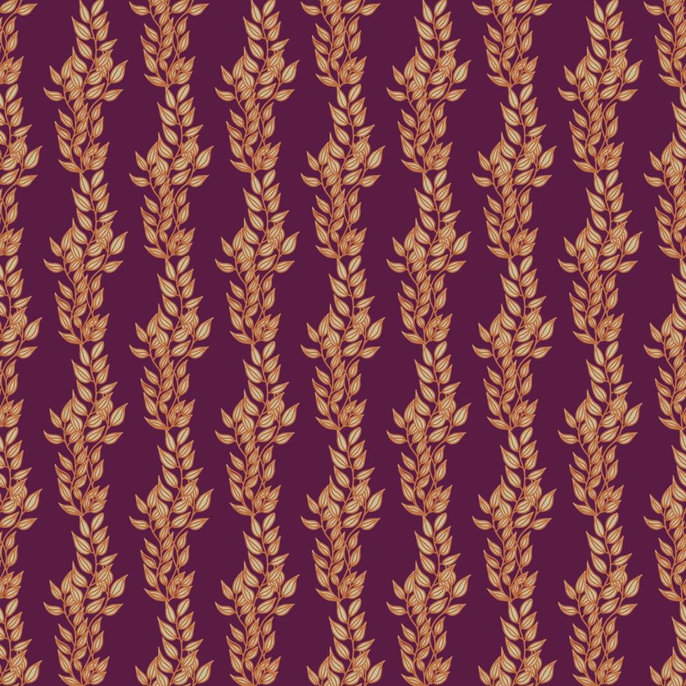 Seamless pattern with a pattern of vertical branches. purple background. Trendy design seamless with golden leaves.Tuberose color. vector