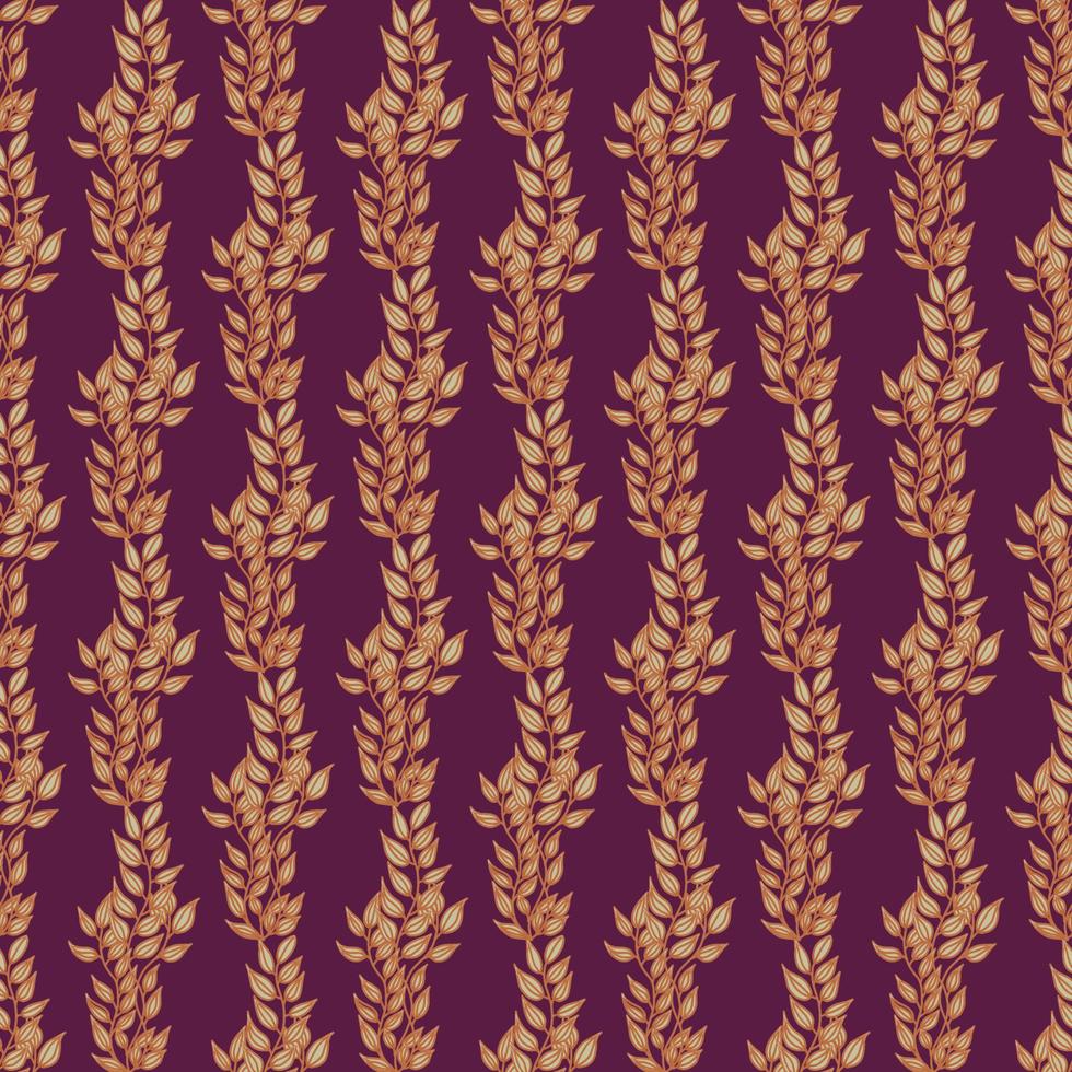 patrón sin costuras con un patrón de ramas verticales. fondo morado diseño moderno sin costuras con hojas doradas. color nardo. vector