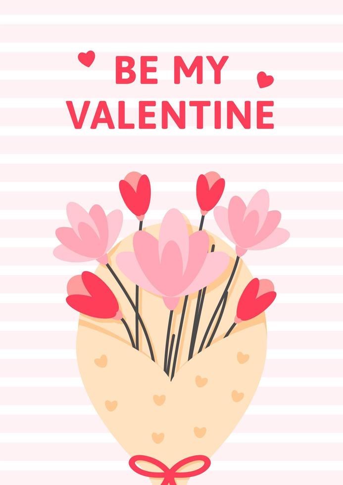 Valentines day background with flowers bouqet. Editable vector illustration for website, invitation,postcard and sticker. Wording include Be my Valentine.