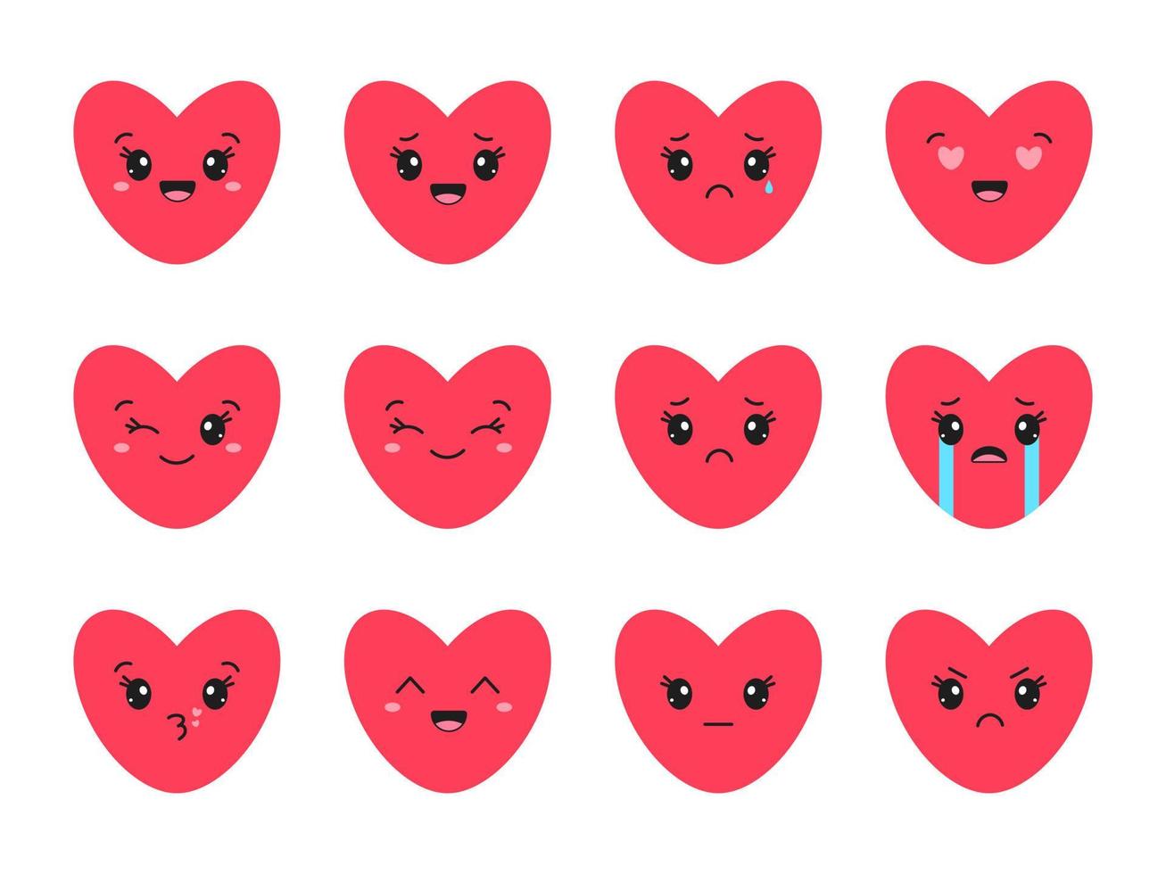 Set of heart, love, romance or valentine's day red vector icon with kawaii emoji for apps and websites