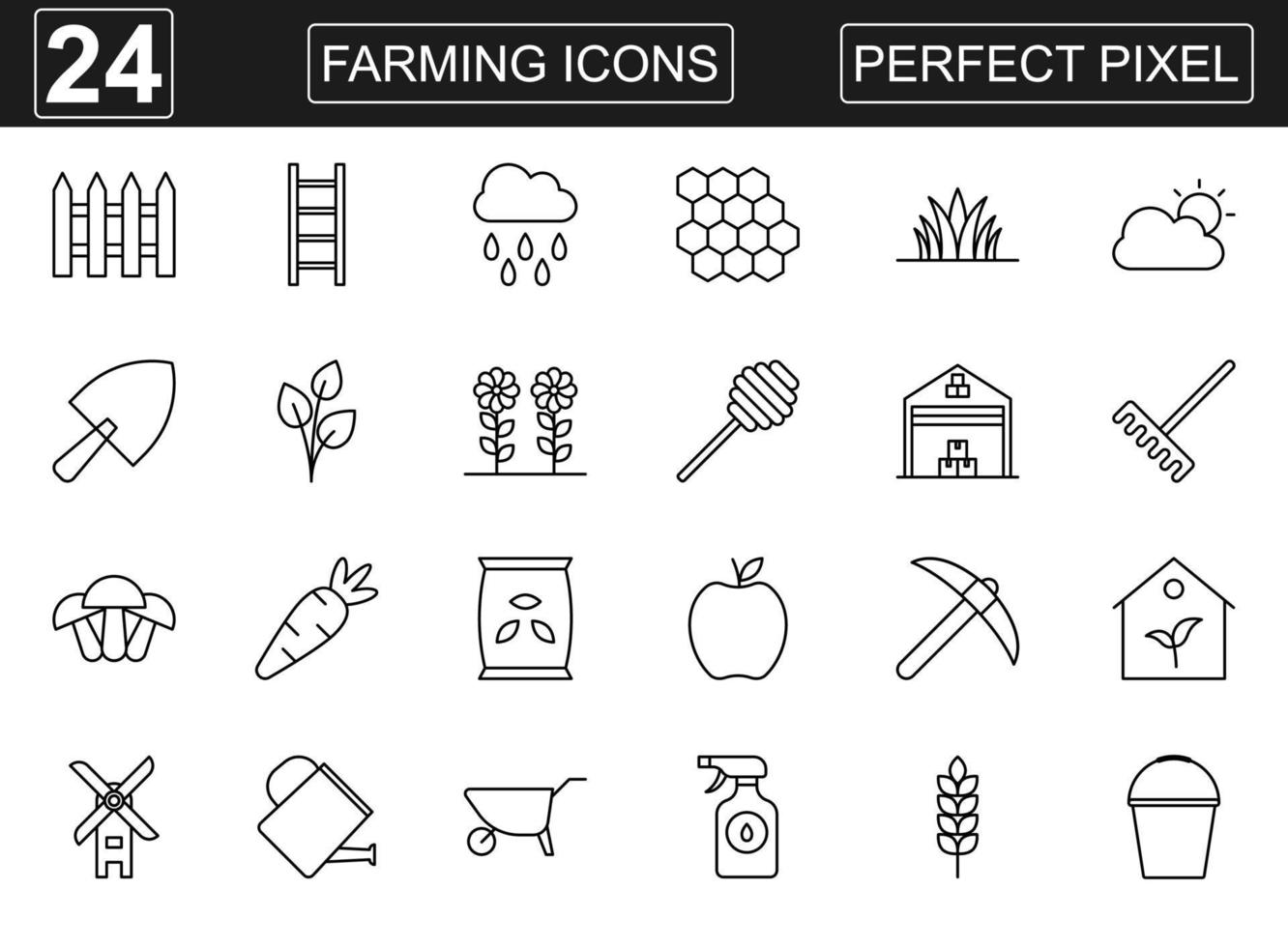 Agriculture and farming icons set on white background. Expanded stroke. Pixel perfect. Vector illustration. EPS 10.