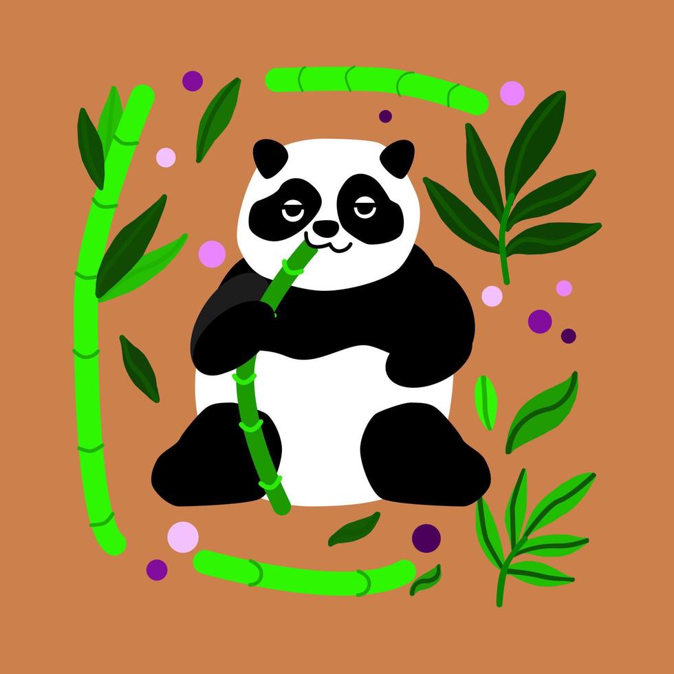 Cute big panda eating a bamboo stick. Wildlife of cute bear. Vector illustration in cartoon style