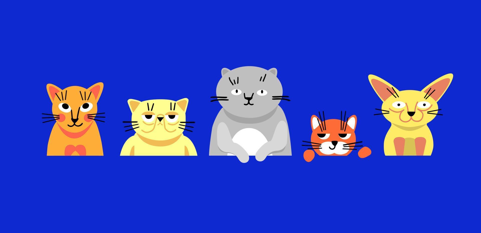 Five different cats on a blue background. Pet characters with different breeds. Cute flat illustration vector