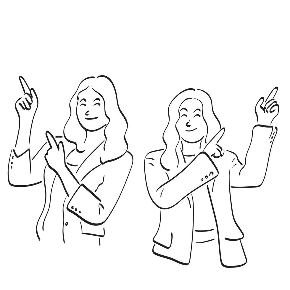 half length of two businesswomen pointing up to copy space illustration vector hand drawn isolated on white background line art.