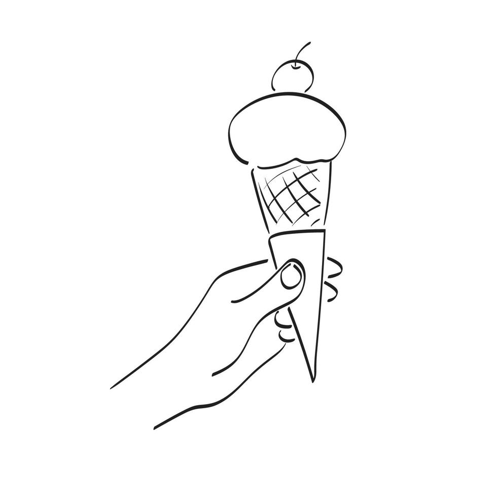 primer plano mano sosteniendo cono helado ilustración vector dibujado a mano aislado sobre fondo blanco arte de línea.