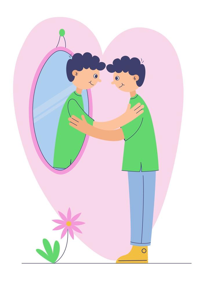 A young man hugs his own reflection in the mirror. Love yourself, self care, self acceptance concept. vector