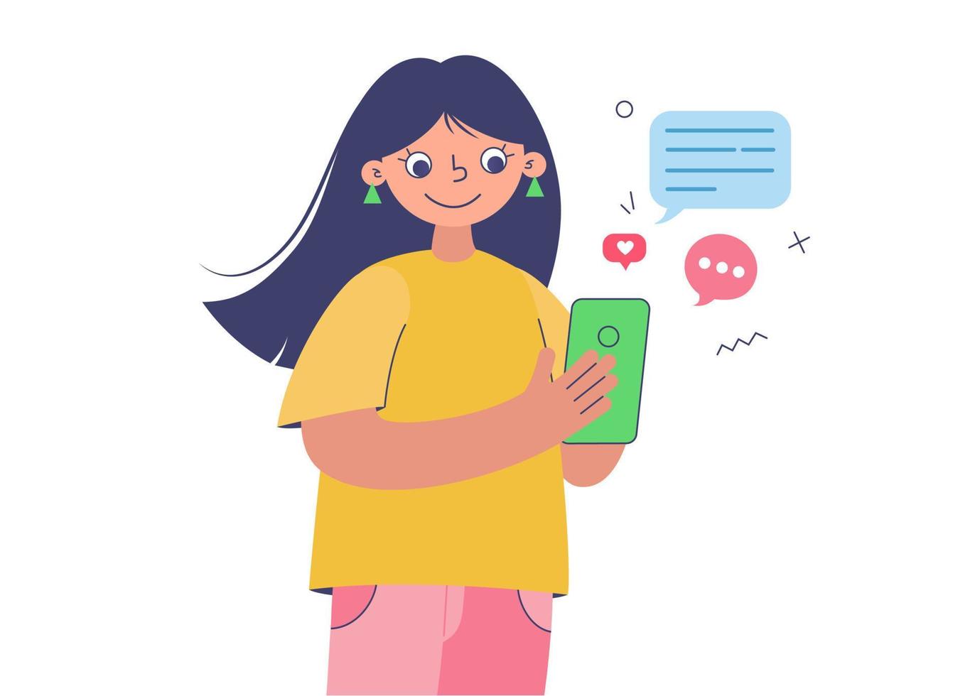 niña usando teléfono móvil, enviando mensajes de texto, enviando mensajes o chateando con amigos en línea, mirando un teléfono inteligente vector