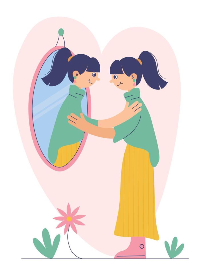 A young woman hugs her own reflection in the mirror. Love yourself, self care, self acceptance concept. vector