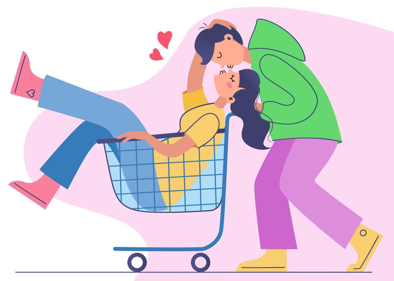 Happy man and woman having fun and riding on shopping cart in supermarket feeling playful vector illustration