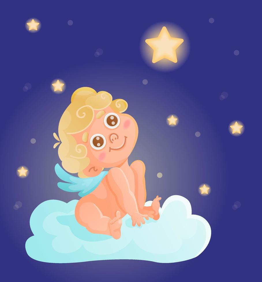 cupido de dibujos animados lindo está sentado en la nube y mirando la estrella brillante. ilustración vectorial nocturna. vector