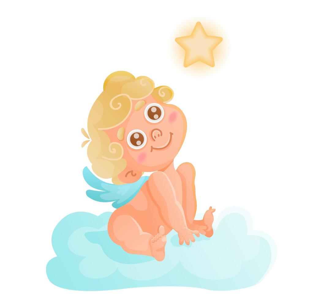 lindo cupido está sentado en la nube y mirando estrellas. Ilustración de vector de San Valentín sobre fondo blanco aislado.