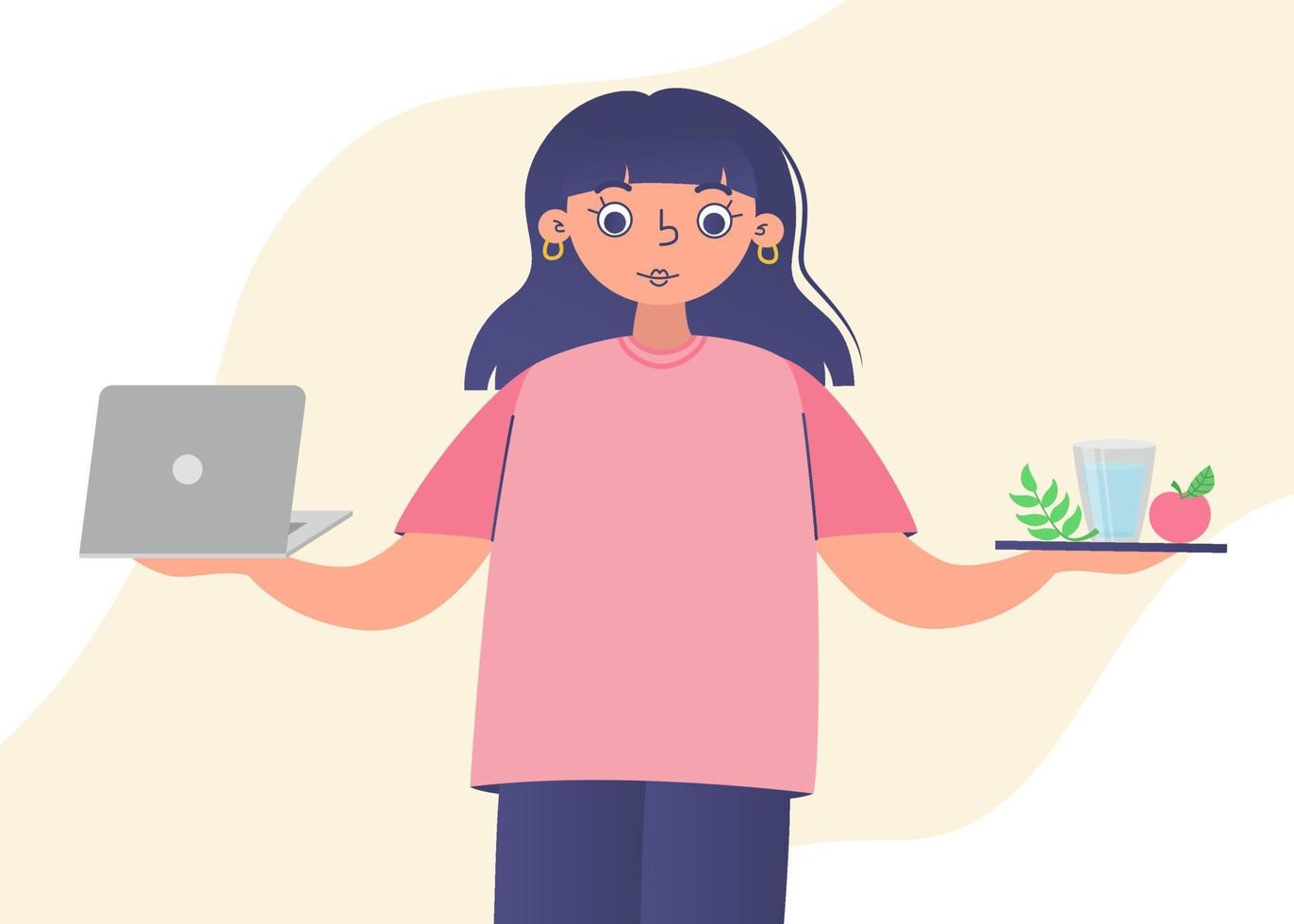 Work life balance vector concept. Business woman holds laptop and apple, glass of water in hands.