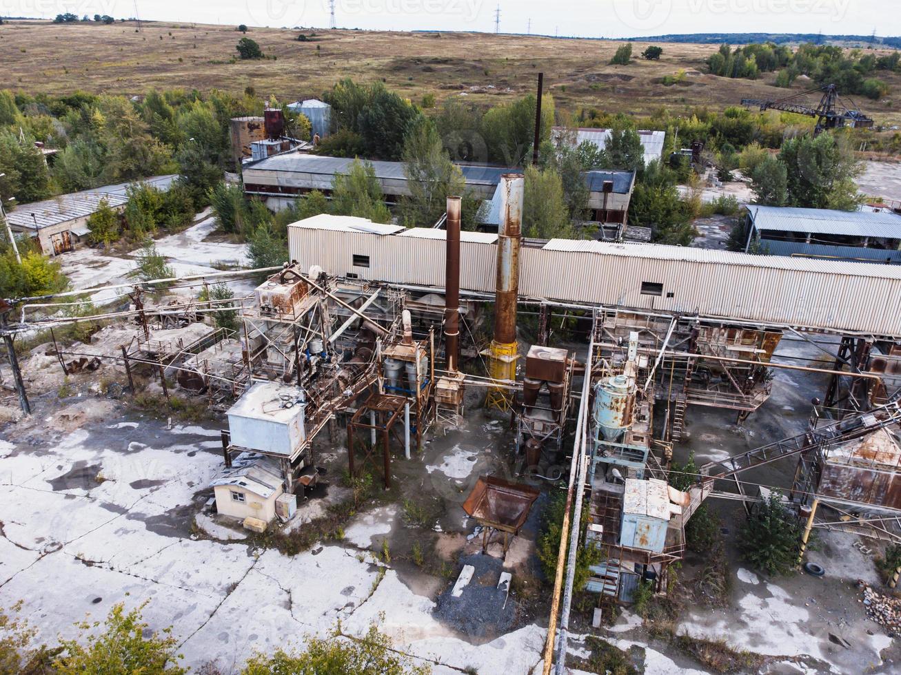 Aerial view of abandoned industrial buildings. photo