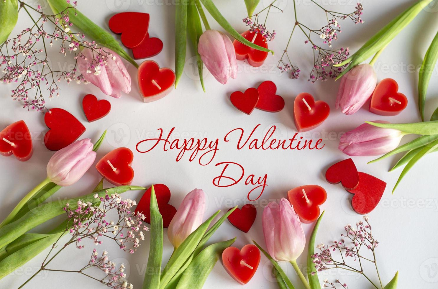 Happy Valentine's Day. Valentine banner. Valentine with pink tulips, hearts. Frame. Lettering Happy Valentine's Day. photo