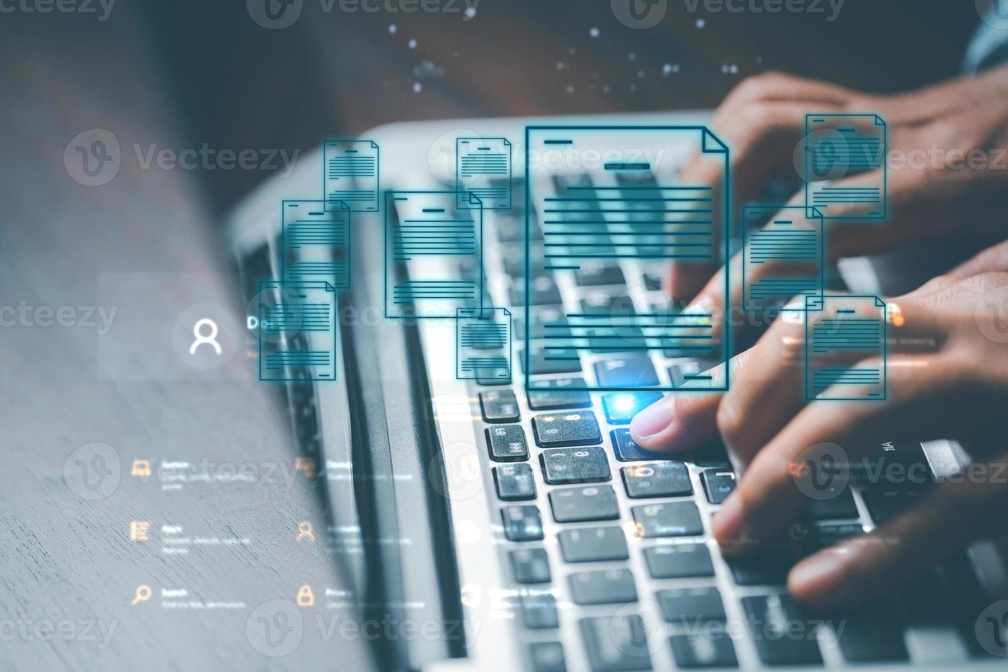 Online documentation database and process automation to efficiently manage files, IT staff working with Document Management System  Corporate business technology. Cognition on modern management. photo