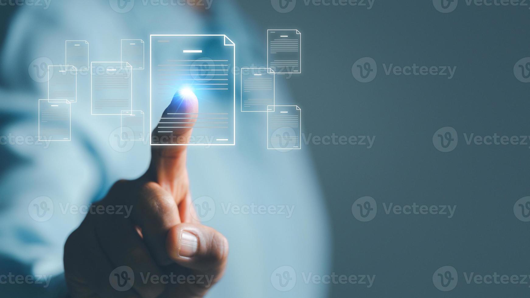Online documentation database and process automation to efficiently manage files,  staff working with Document Management System DMS, Corporate business technology. Cognition on modern management. photo