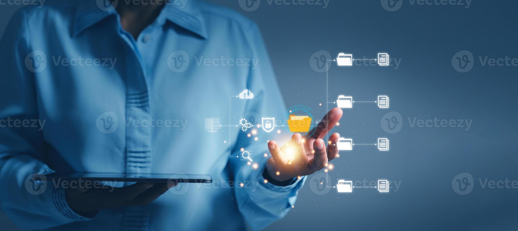 Online documentation database and process automation to efficiently manage files,  staff working with Document Management System DMS, Corporate business technology. Cognition on modern management. photo