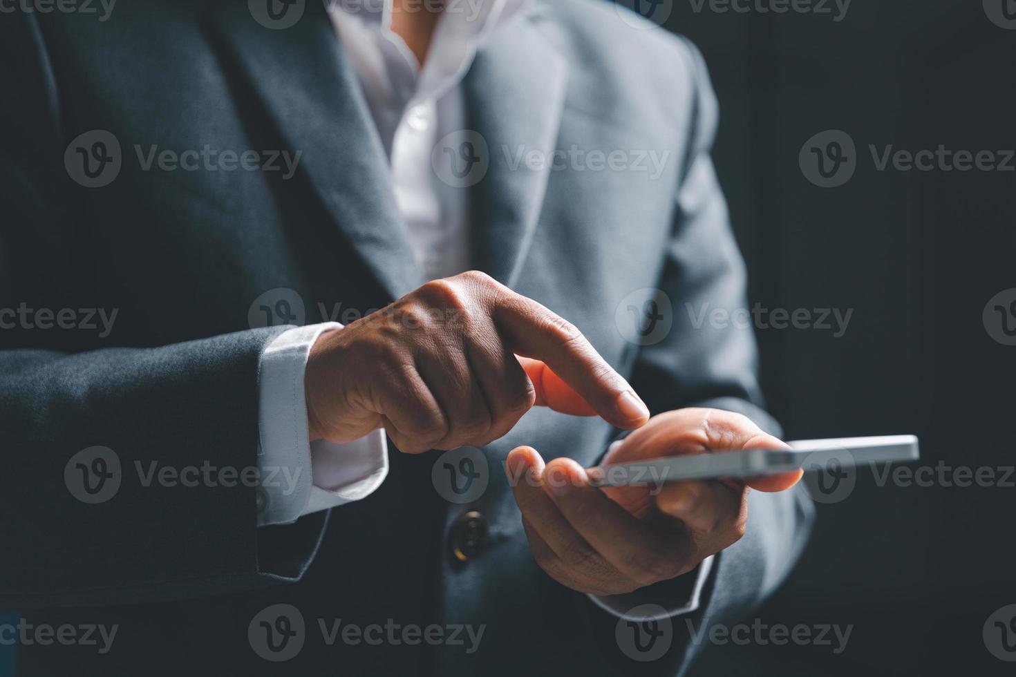 Businesswoman hand holding tablit or smartphone with virtual screen, modern background concept, can put your text with icon bundle, copy space photo