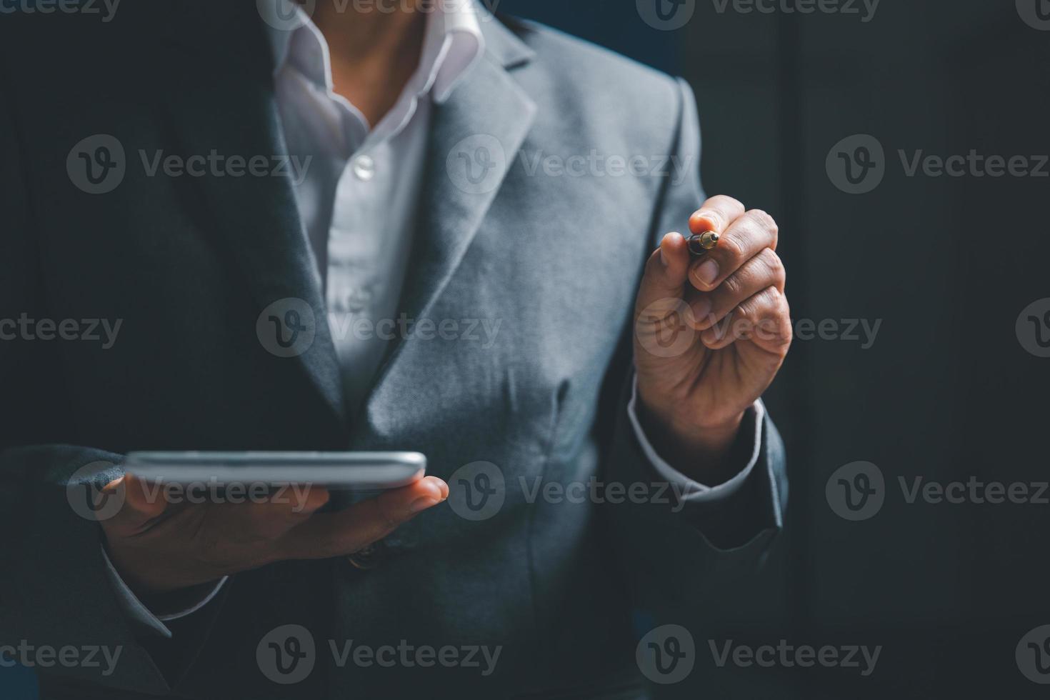 Businesswoman hand touching virtual screen, modern background concept, can put your text with icon bundle, copy space photo