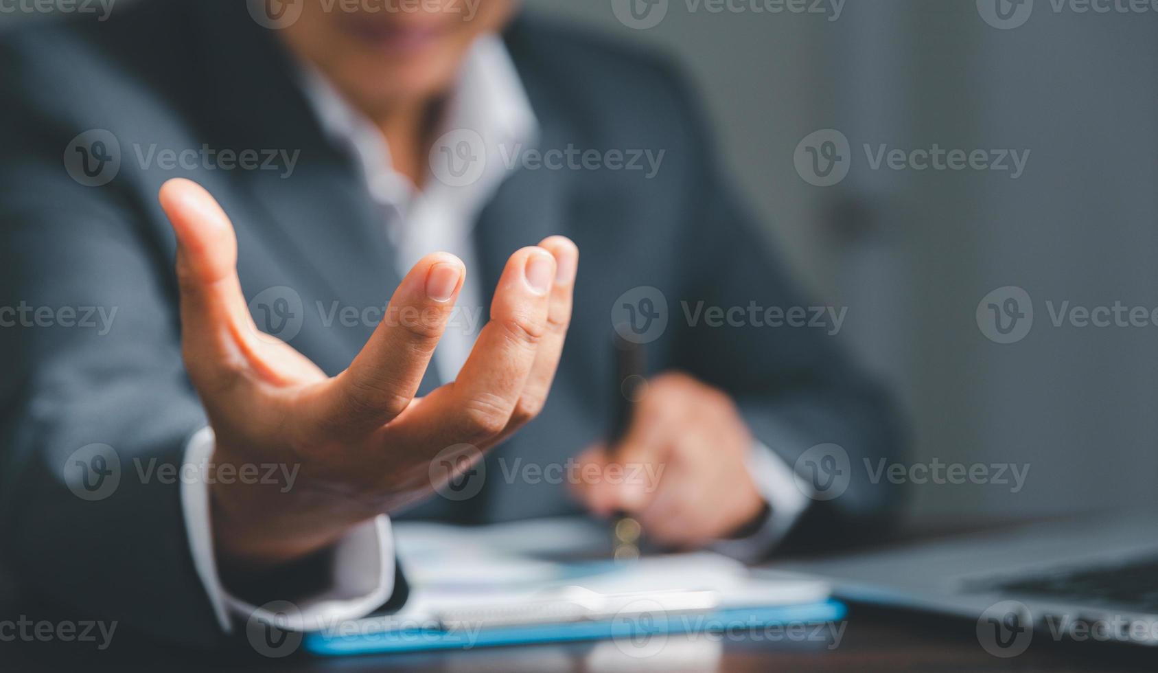 Businesswoman hand holding virtual business, modern background concept, can put your text with icon bundle, copy space photo