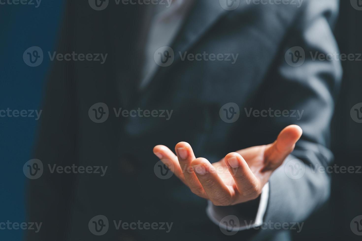 Businesswoman hand holding virtual business, modern background concept, can put your text with icon bundle, copy space photo