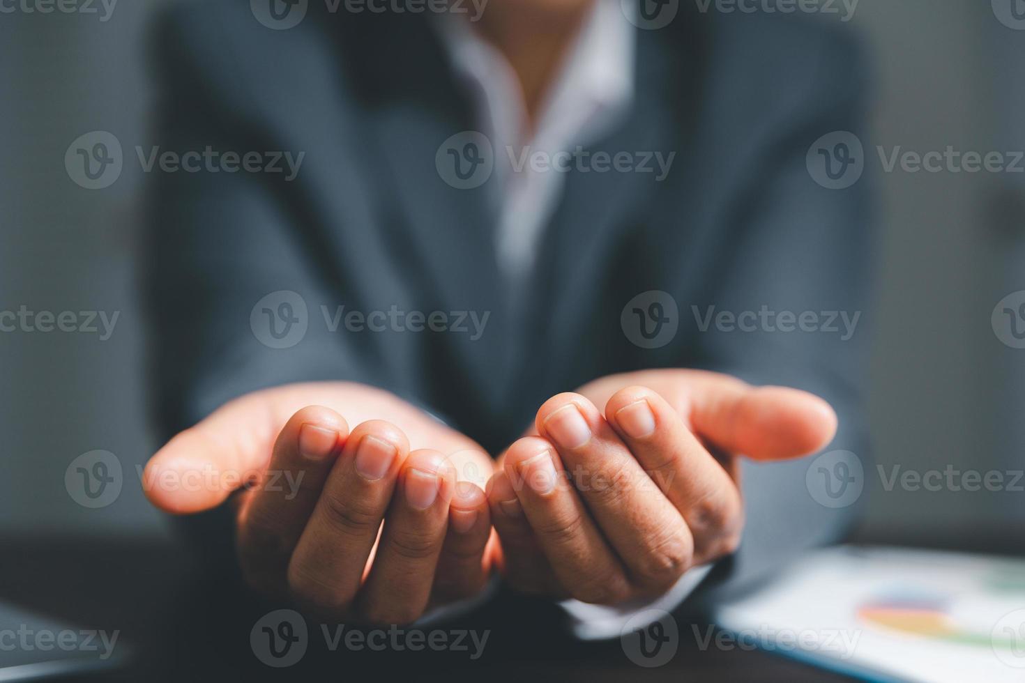 Businesswoman hand holding virtual business, modern background concept, can put your text with icon bundle, copy space photo
