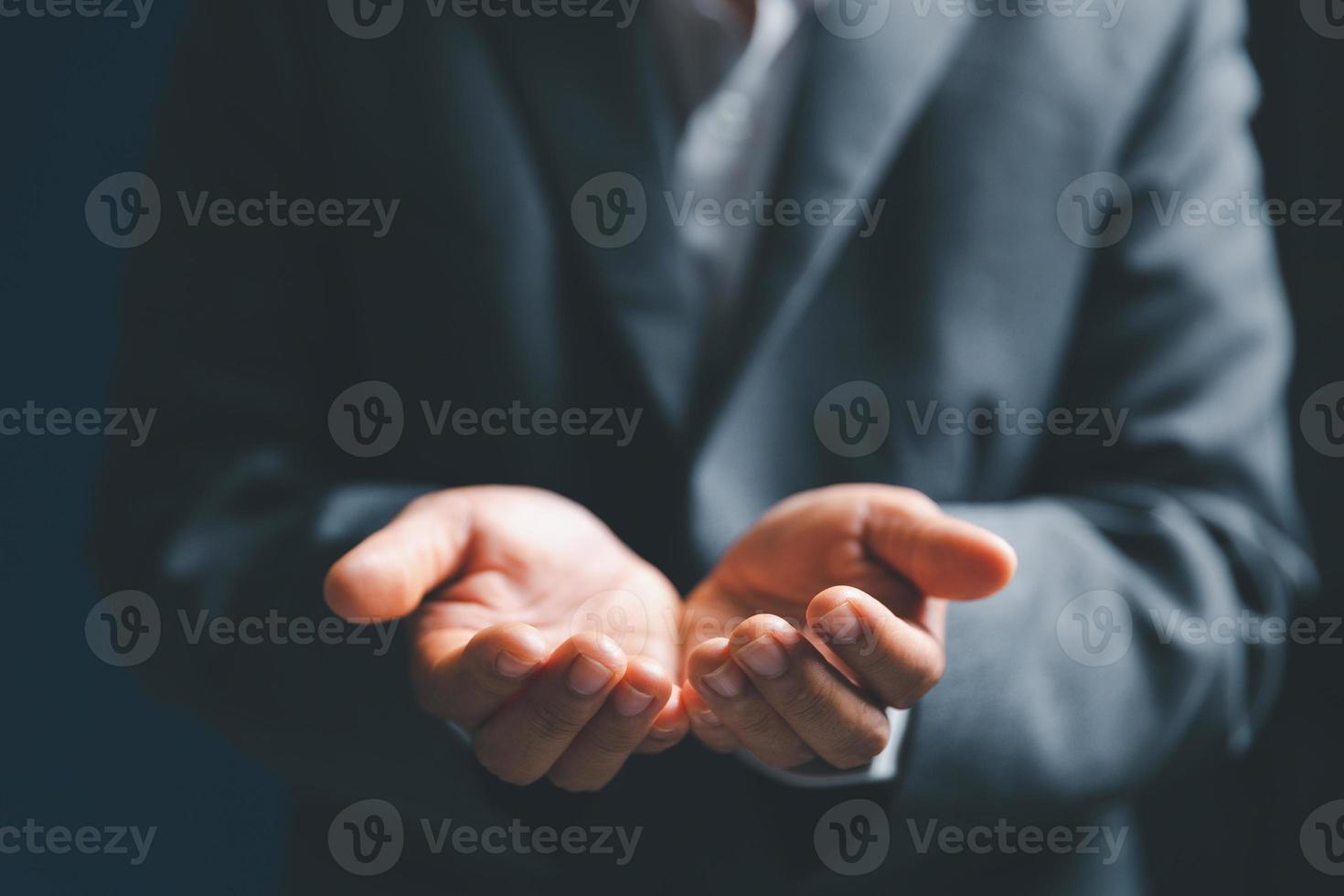 Businesswoman hand holding virtual business, modern background concept, can put your text with icon bundle, copy space photo