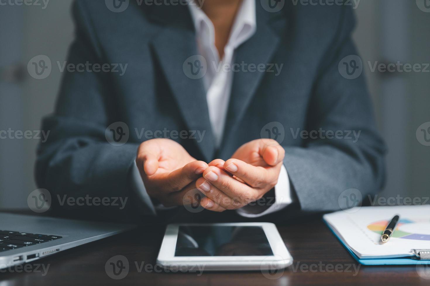 Businesswoman hand holding virtual business, modern background concept, can put your text with icon bundle, copy space photo