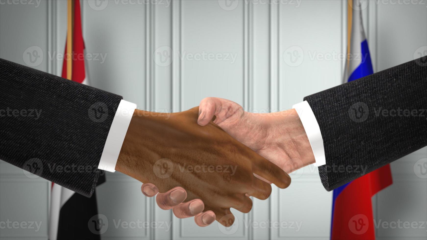 siria y rusia tratan apretón de manos, política 3d ilustración. reunión oficial o cooperación, reunión de negocios. empresarios o políticos se dan la mano foto