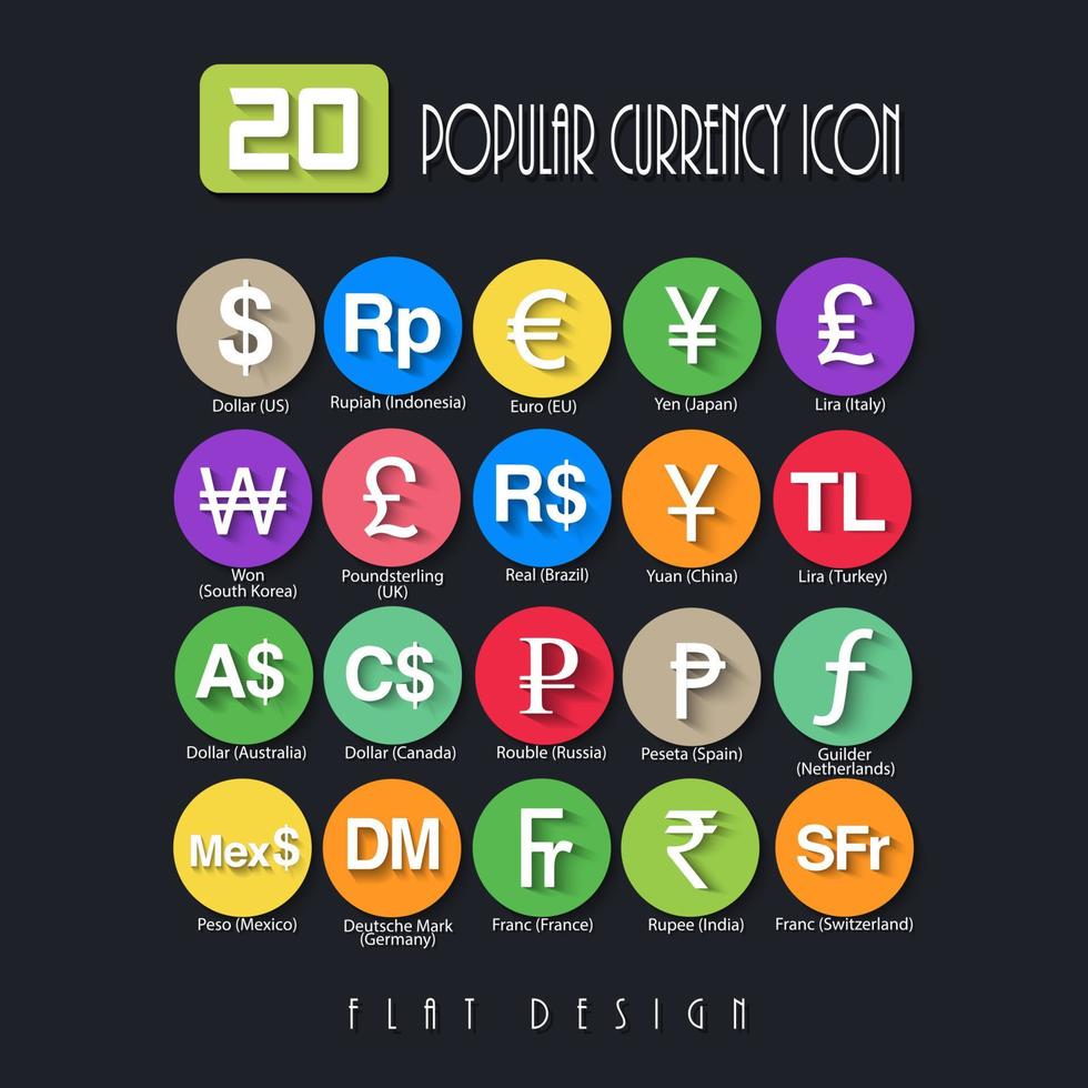 20 Popular Currency Symbols Flat Design vector