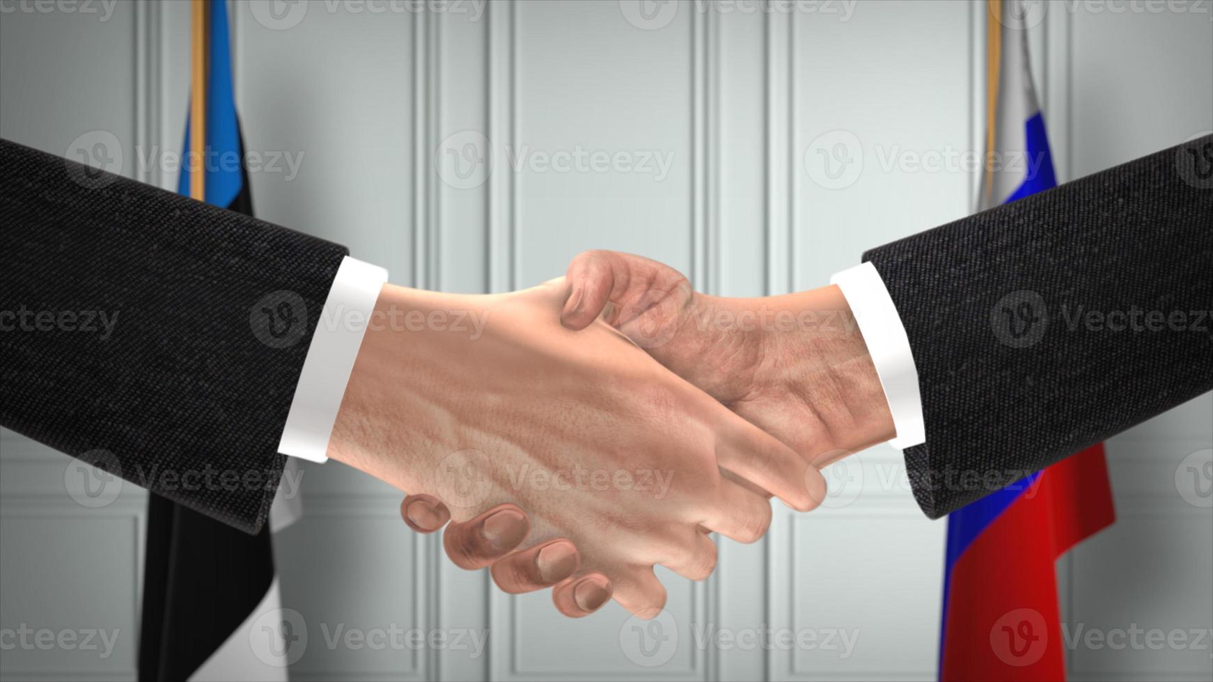 Estonia and Russia deal handshake, politics 3D illustration. Official meeting or cooperation, business meet. Businessmen or politicians shake hands photo
