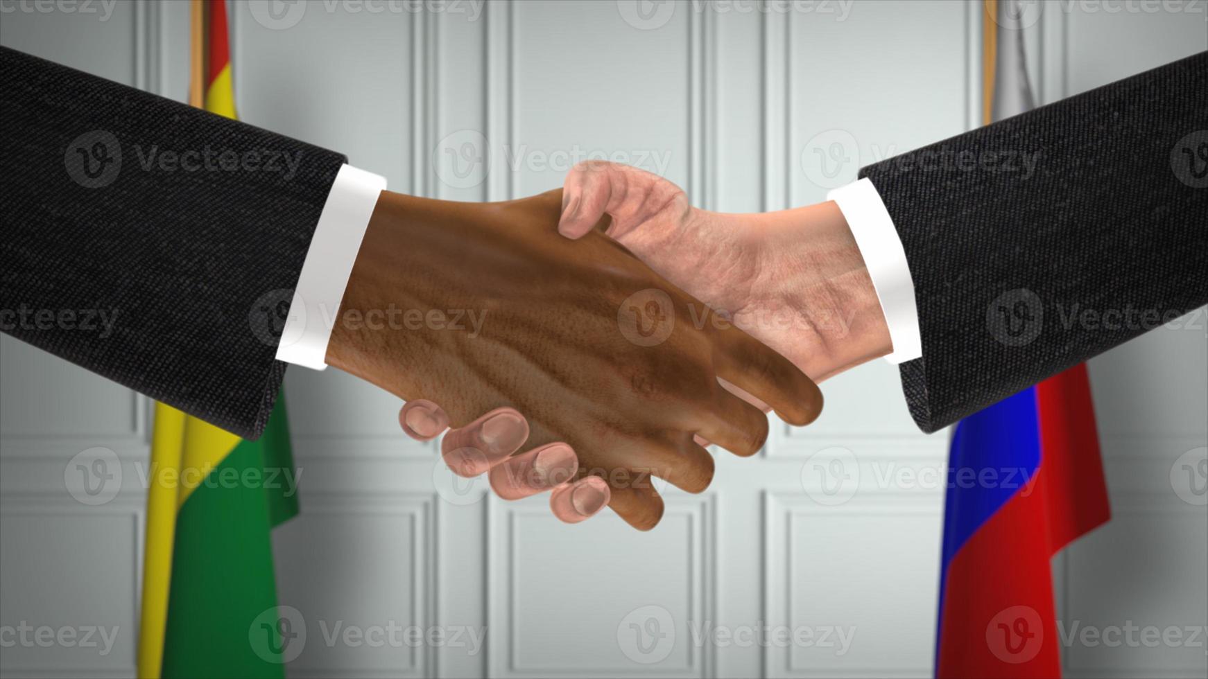 bolivia y rusia tratan apretón de manos, política 3d ilustración. reunión oficial o cooperación, reunión de negocios. empresarios o políticos se dan la mano foto