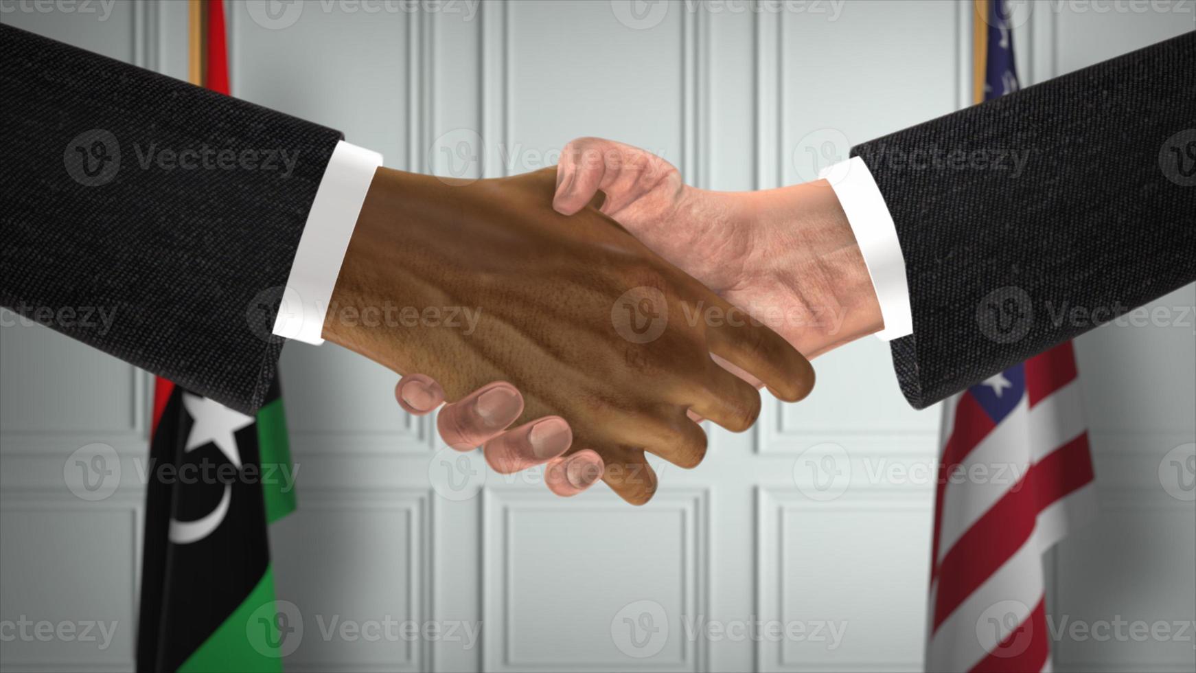 Libya and USA Partnership Business Deal. National Government Flags. Official Diplomacy Handshake 3D Illustration. Agreement Businessman Shake Hands photo