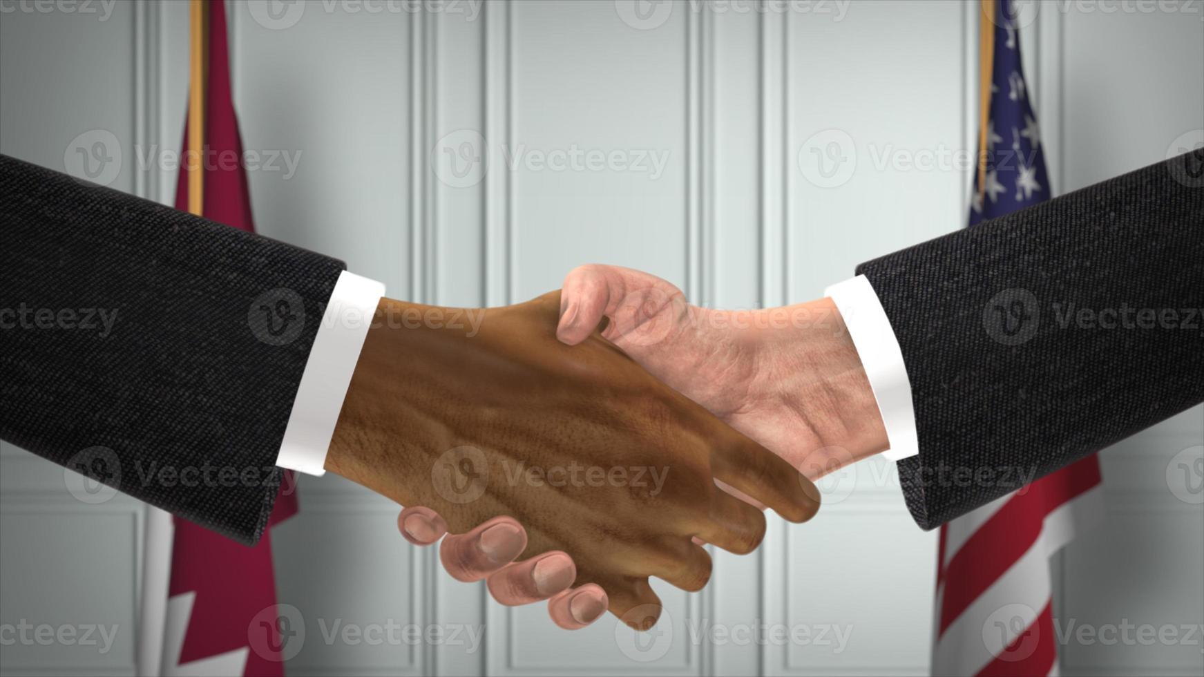 Qatar and USA Partnership Business Deal. National Government Flags. Official Diplomacy Handshake 3D Illustration. Agreement Businessman Shake Hands photo