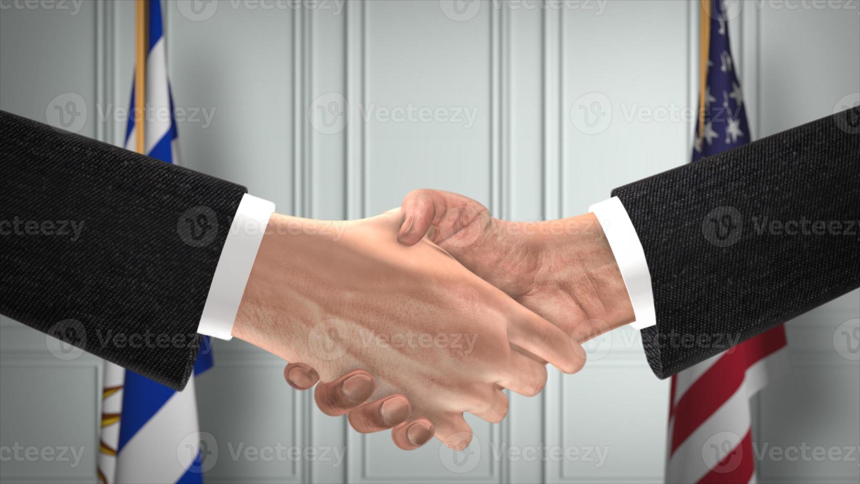 Uruguay and USA Partnership Business Deal. National Government Flags. Official Diplomacy Handshake 3D Illustration. Agreement Businessman Shake Hands photo