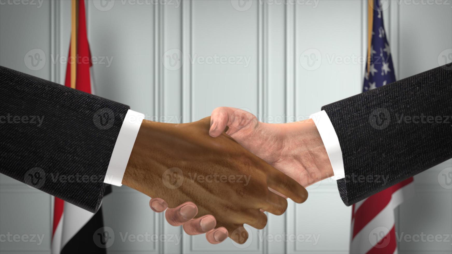 Yemen and USA Partnership Business Deal. National Government Flags. Official Diplomacy Handshake 3D Illustration. Agreement Businessman Shake Hands photo