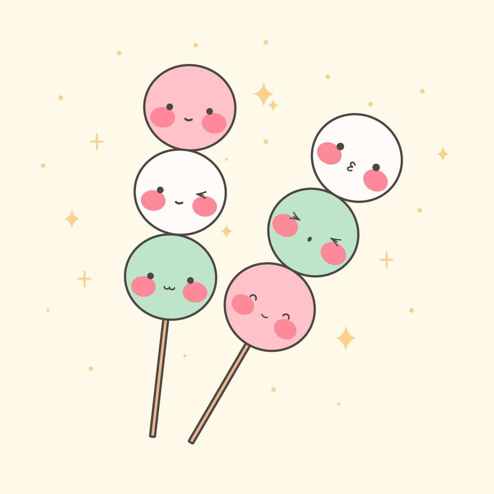 tradición japonesa kawaii sanshoku dango. dulce dango. dulces tradicionales japoneses. comida asiática. ilustración vectorial de acciones. vector